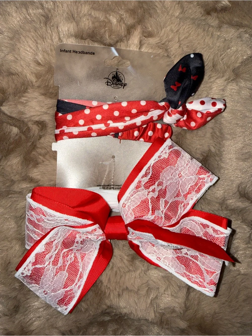 Disney Parks Infant Minnie Mouse Headband Set Red Polka Dot Lace Bow NWT